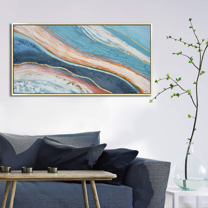 Hand Painted Acrylic Abstract Wall Art Blues and Reds on a 59 x 30 Rectangular Canvas with a Gold Wooden Frame - Sharicks