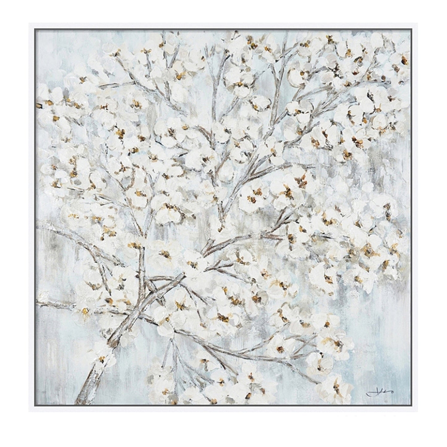 Hand Painted Acrylic Wall Art White Flower Tree on a 39 x 39 Square Canvas with a White Wooden Frame - Sharicks