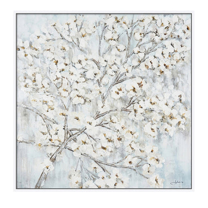 Hand Painted Acrylic Wall Art White Flower Tree on a 39 x 39 Square Canvas with a White Wooden Frame - Sharicks