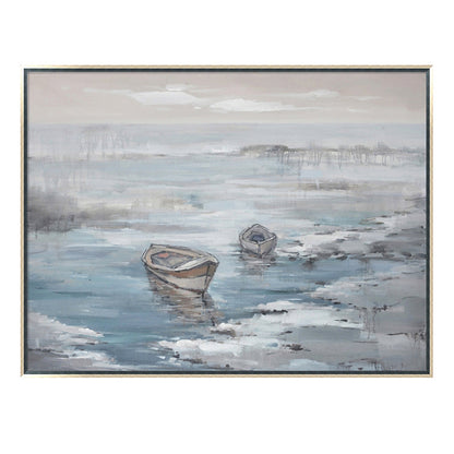 Hand Painted Acrylic Wall Art Ocean with Boats on a 47 x 35 Rectangular Canvas with a Silver Wooden Frame - Sharicks