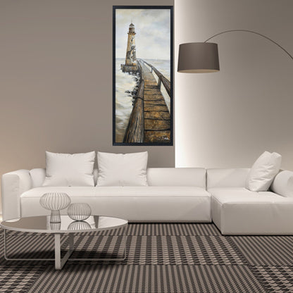Hand Painted Acrylic Wall Art Vintage Light House 32 x 71 Rectangular Canvas with a Black Wooden Frame - Sharicks